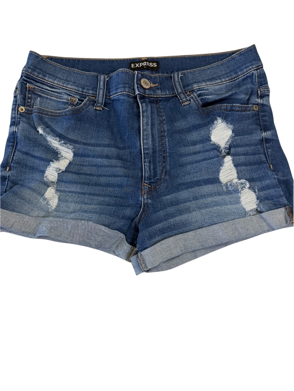 Express Shortie High Rise Distressed Rolled Hem Denim Shorts Size 12